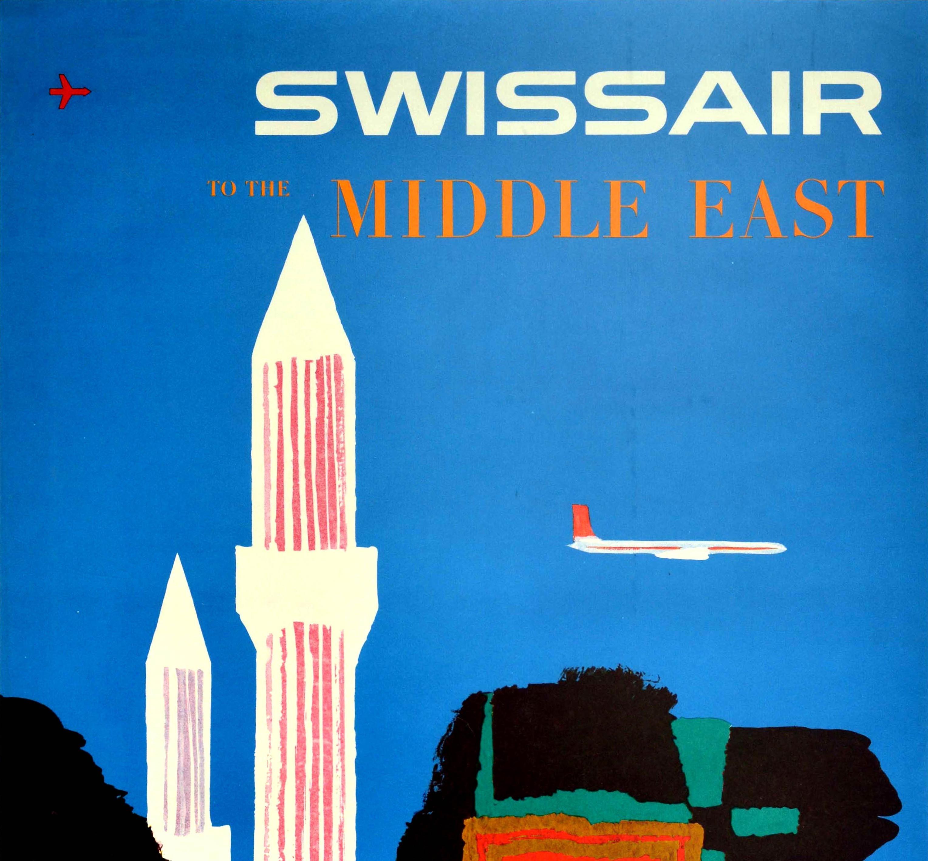 Original vintage aviation advertising poster issued by Swissair To The Middle East featuring a stylised white and red plane flying over mosque towers and a black camel wearing a decorative star and tassels set against a blue background. Design by