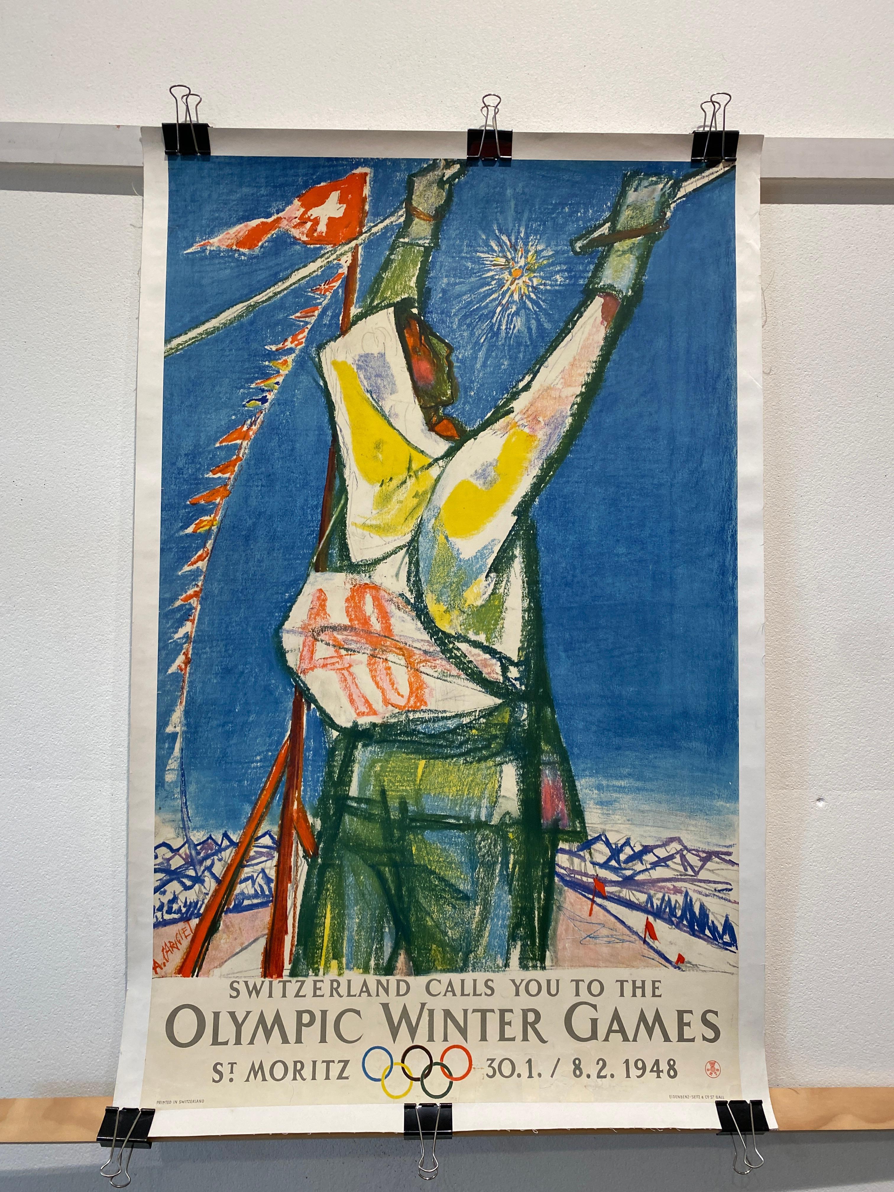 Dies ist ein Original Vintage-Plakat für die Olympischen Spiele im Jahr 1948

Dieses Plakat wurde zur Konservierung in Leinen eingeklebt, der Gesamtzustand ist sehr gut. 

Alois Carigiet war ein Schweizer Grafikdesigner, Maler und Illustrator.