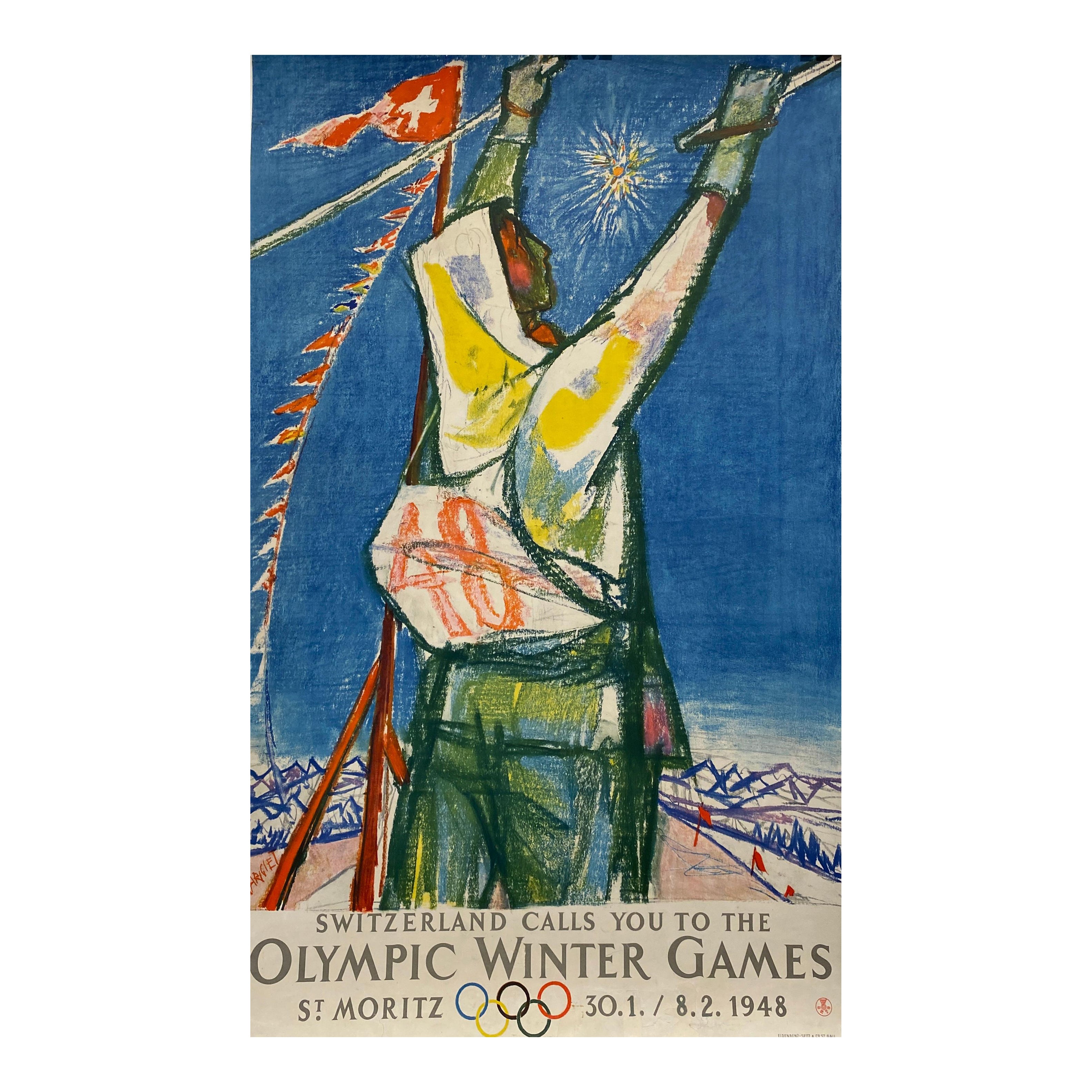 Original Vintage Poster 'Die Schweiz ruft zu den Olympischen Winterspielen' 1948 im Angebot
