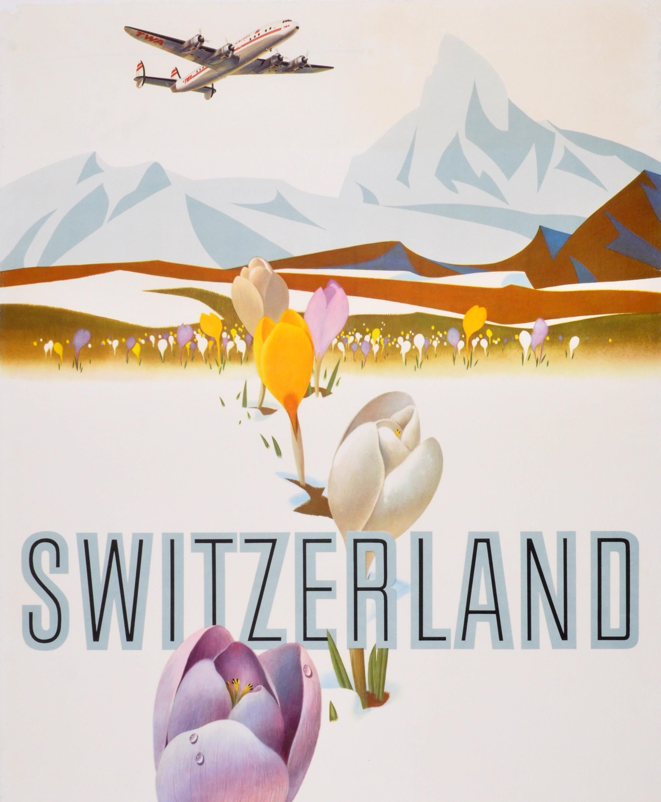 Original Vintage Poster Switzerland Fly TWA Spring Travel Lockheed Constellation In Fair Condition In London, GB