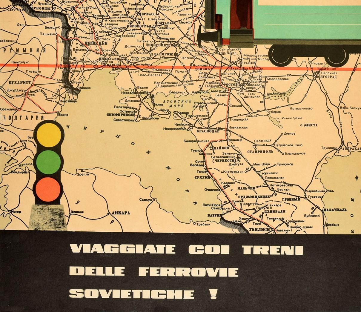 Russe Affiche vintage d'origine SZD Travel On Soviet Railways Trains, dessin d'une carte de l'URSS en vente