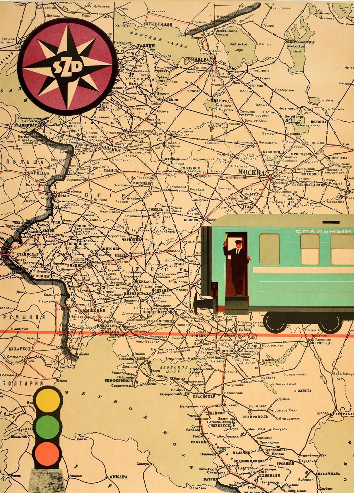 Affiche vintage d'origine SZD Travel On Soviet Railways Trains, dessin d'une carte de l'URSS Bon état - En vente à London, GB