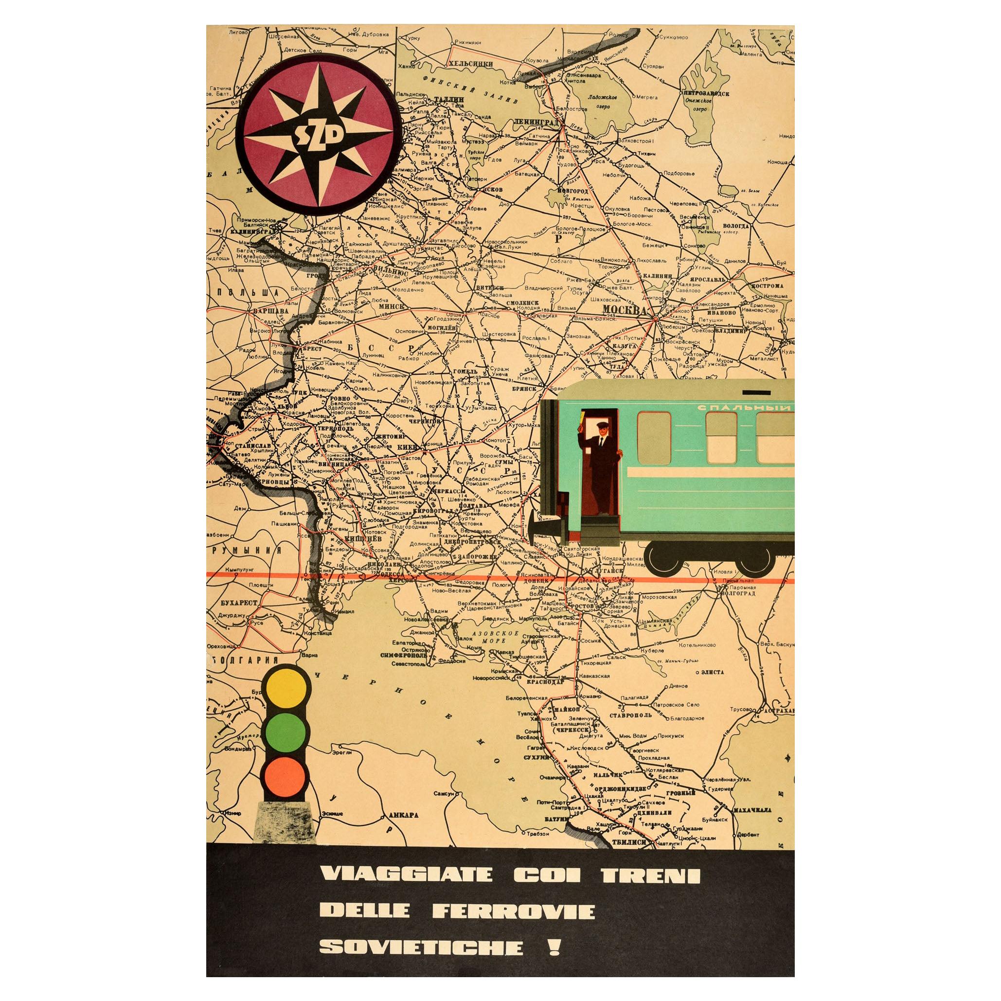 Póster original de época SZD Viaje en ferrocarril soviético Trenes URSS Diseño de mapa en venta