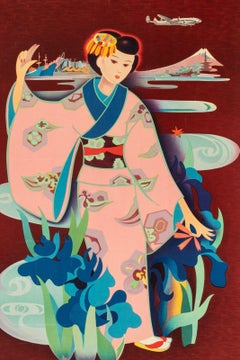 Yasse Tabuchi, Original-Vintage-Poster einer Fluggesellschaft, Air France, Paris Tokio, 1952