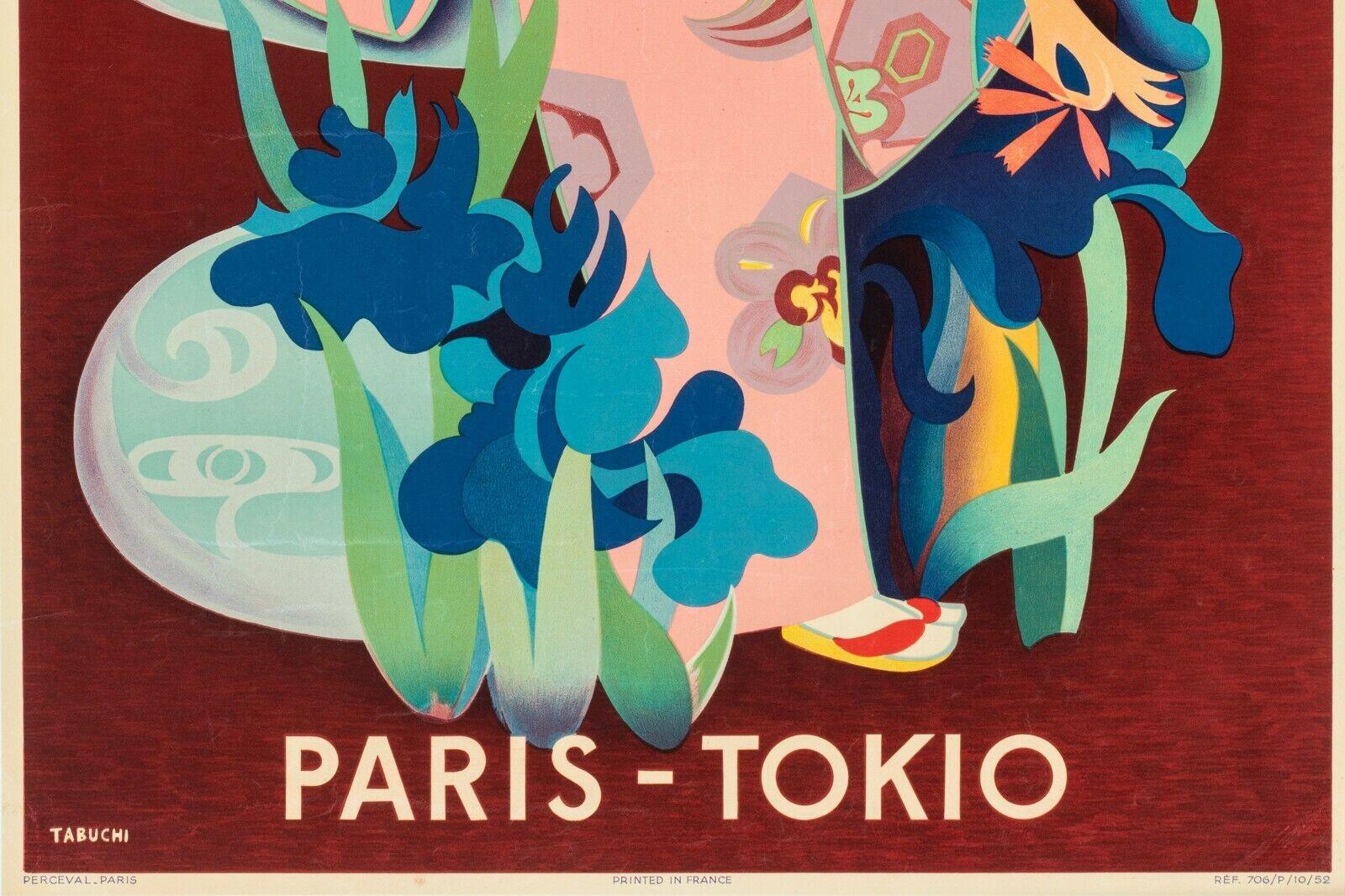French Yasse Tabuchi, Original Vintage Airline Poster, Air France, Paris Tokyo, 1952