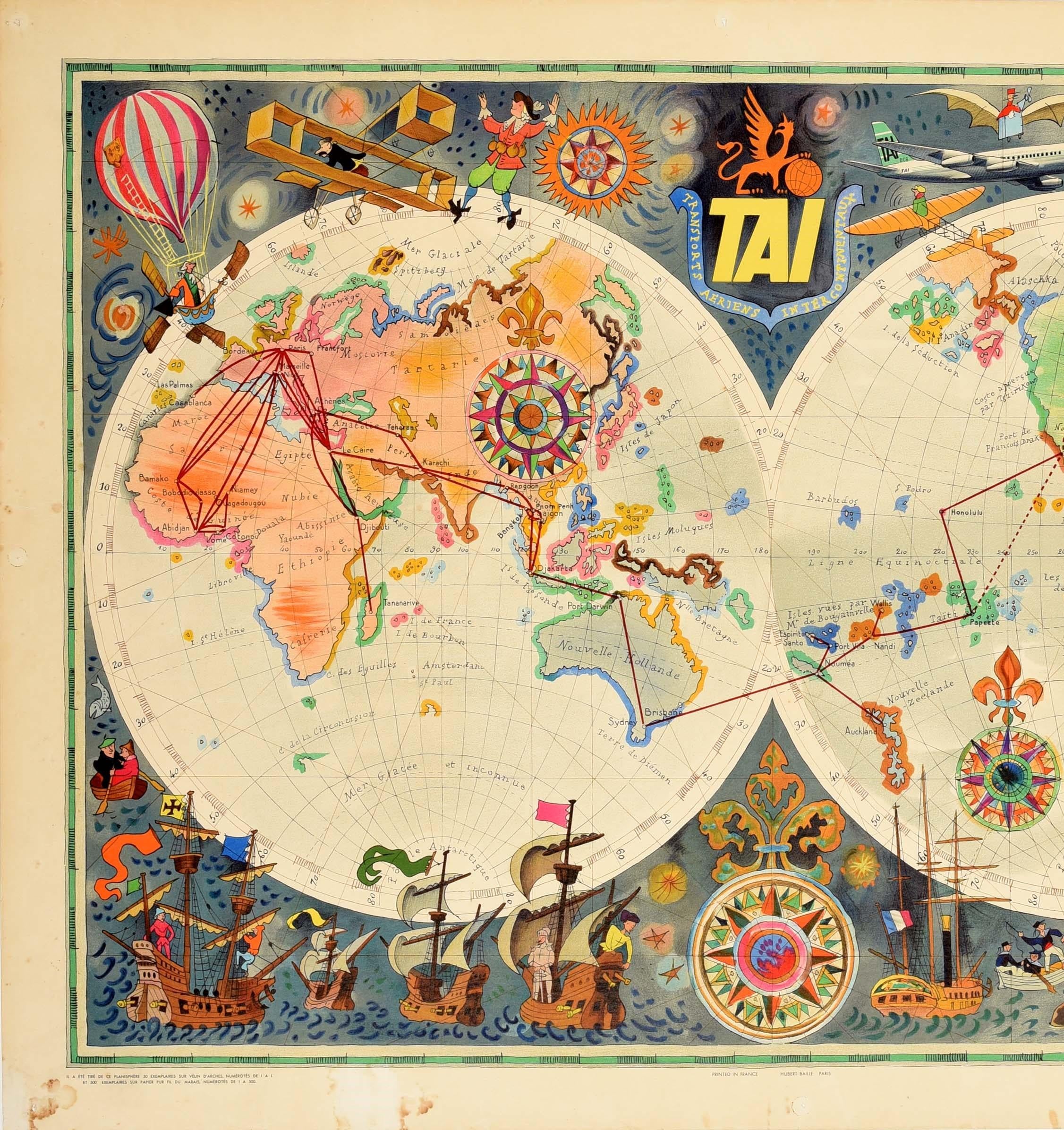 Original vintage travel advertising poster for TAI Transports Aeriens Intercontinentaux Map of the World by Luc-Marie Bayle (1914-2000). Colourful planisphere showing the airline's routes across the globe surrounded by fun images of explorers in