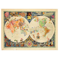 Original Retro Poster TAI Planisphere Map Of The World Travel Aviation History