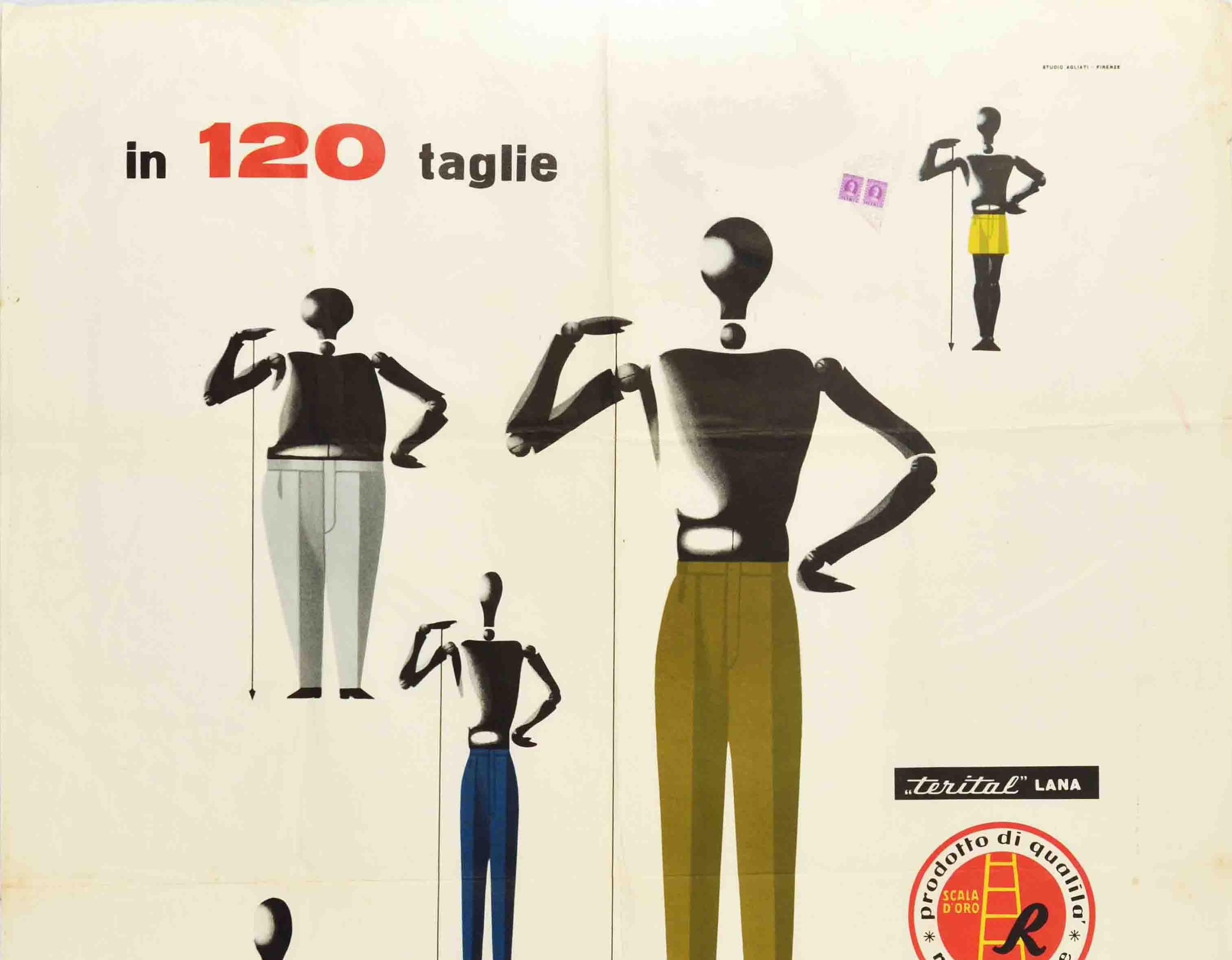 Original vintage fashion advertising poster: In 120 Taglie Talbor Il Pantalone Perfetto Per Tutti Nei Migliori Negozi / In 120 Sizes Talbor The Perfect Trousers For All In The Best Shops. Great design featuring five different sized mannequins in