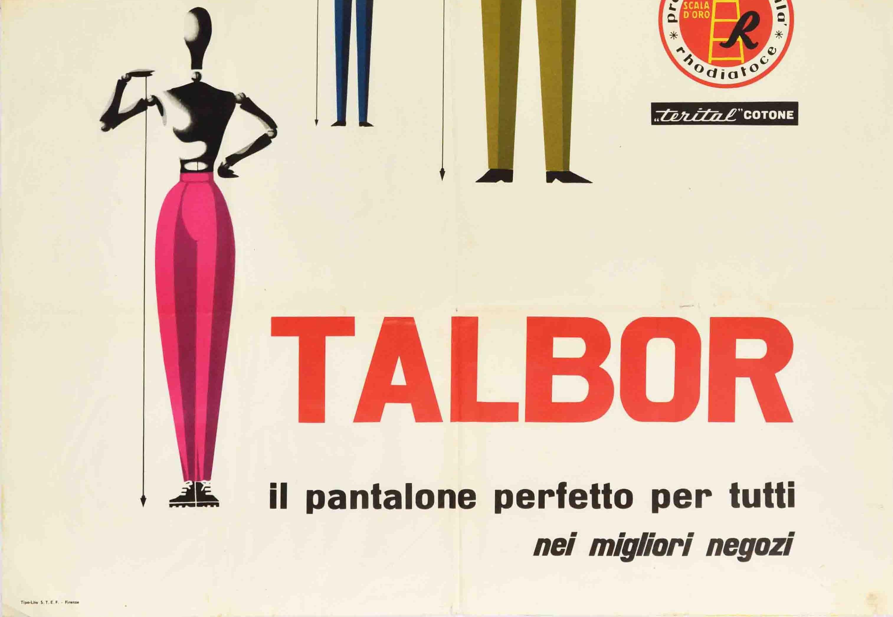italien Affiche vintage d'origine Talbor Pantalone Trousers Italy Fashion Style Design Art en vente