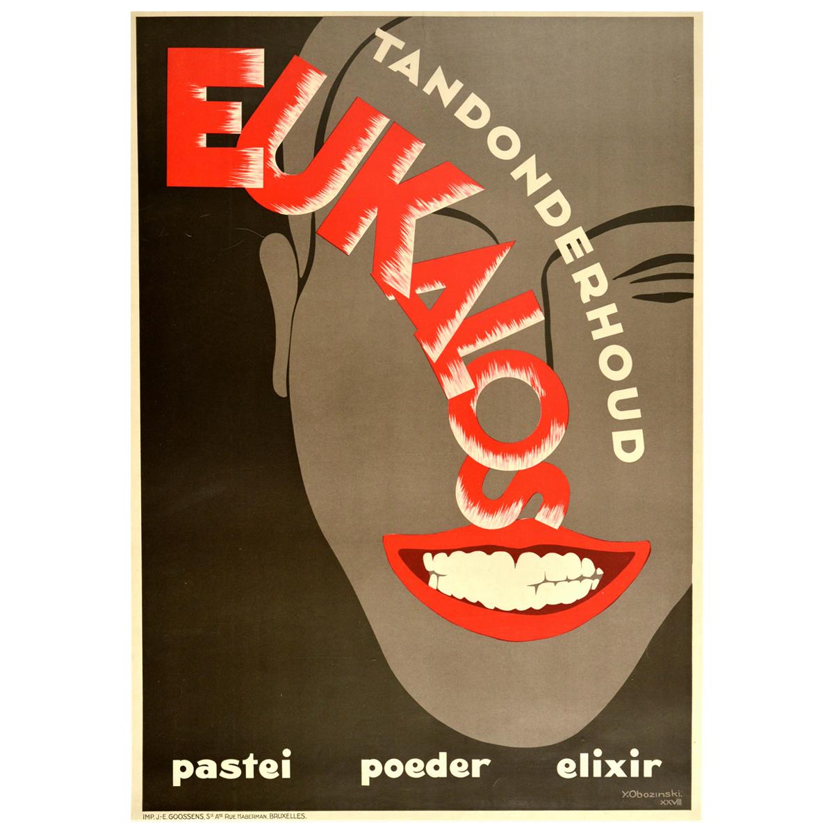 Original Vintage Poster Tandonderhoud Eukalos Elixir Toothpaste Art Deco Design For Sale