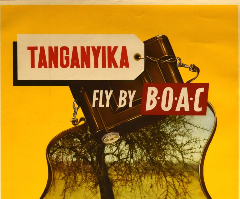 Original vintage travel advertising poster for Tanganyika Fly by BOAC for an African holiday See your travel agent for further information. Great image against a yellow shaded background promoting safari holidays in Africa featuring a photograph of