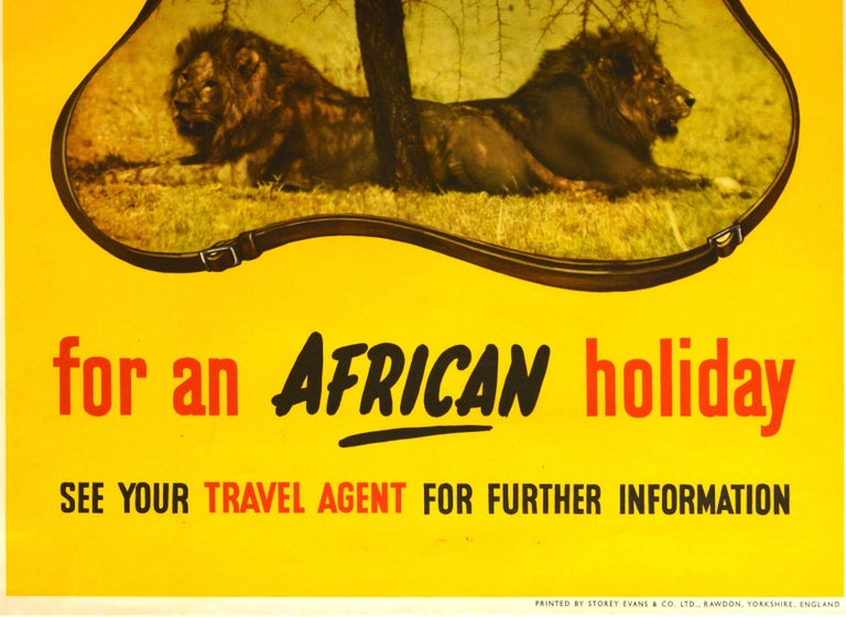 British Original Vintage Poster Tanganyika Fly By BOAC Africa Holiday Lion Safari Travel For Sale
