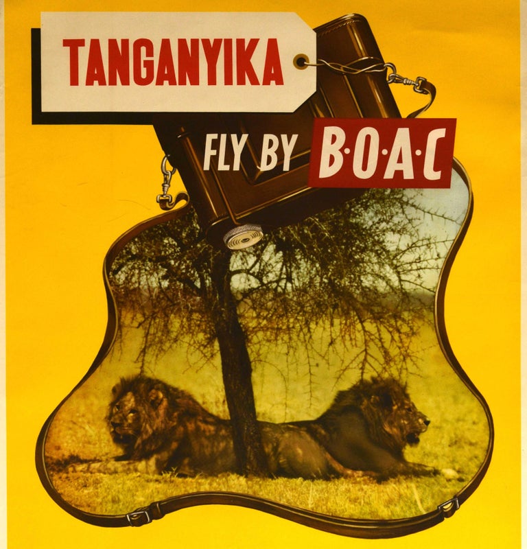 Original Vintage Poster Tanganyika Fly By BOAC Africa Holiday Lion Safari Travel In Excellent Condition For Sale In London, GB