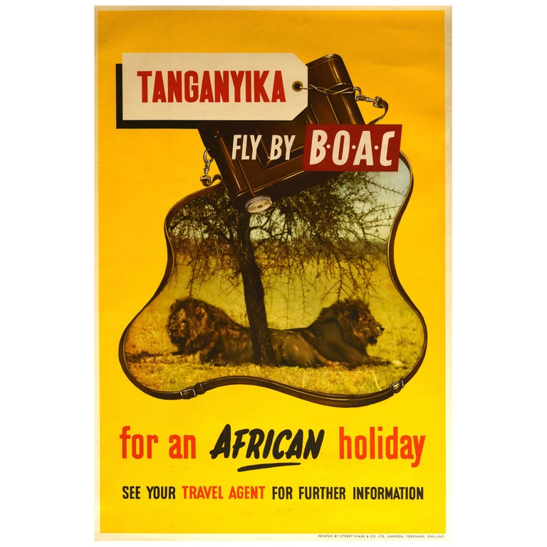 Original Vintage Poster Tanganyika Fly By BOAC Africa Holiday Lion Safari Travel For Sale