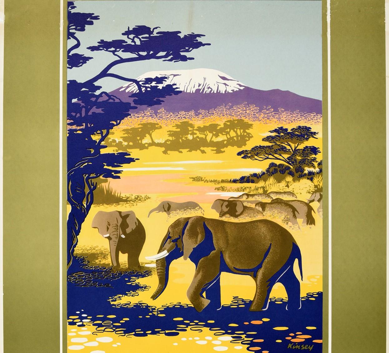 Original vintage travel poster for Tanganyika Kilimanjaro for your African Climbing and Big Game Holiday ... Consult your Favourite Travel Agent for Further Information featuring a scenic view of the snow topped dormant volcano Mount Kilimanjaro