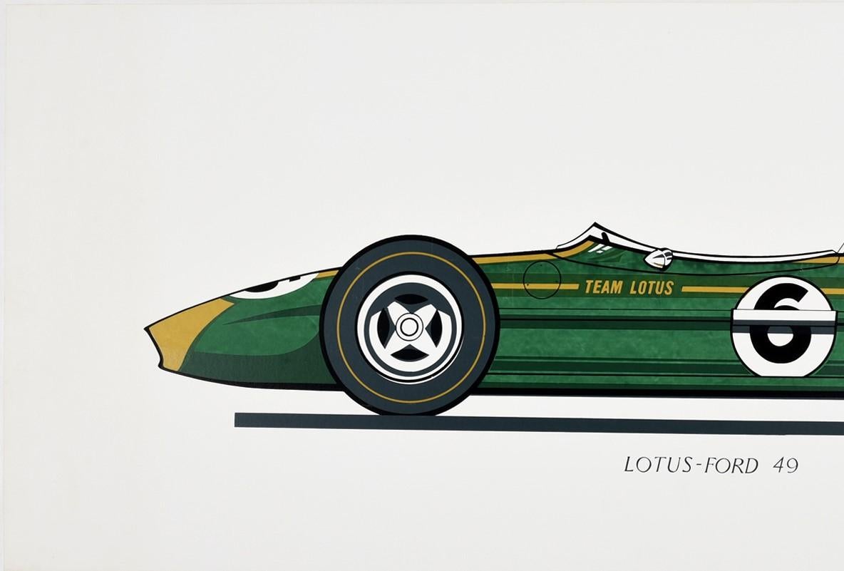 Original vintage motor sport poster for Lotus-Ford 49 featuring a great illustration of a green and gold Lotus 49 car marked with the number 6 and Team Lotus logo on the side. Designed by Colin Chapman and Maurice Philippe for the 1967 Formula One