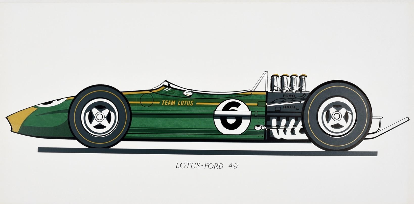 Affiche rétro originale de l'équipe Lotus Ford 49 de course de voitures de Formule 1, F1, Sport automobile Bon état - En vente à London, GB