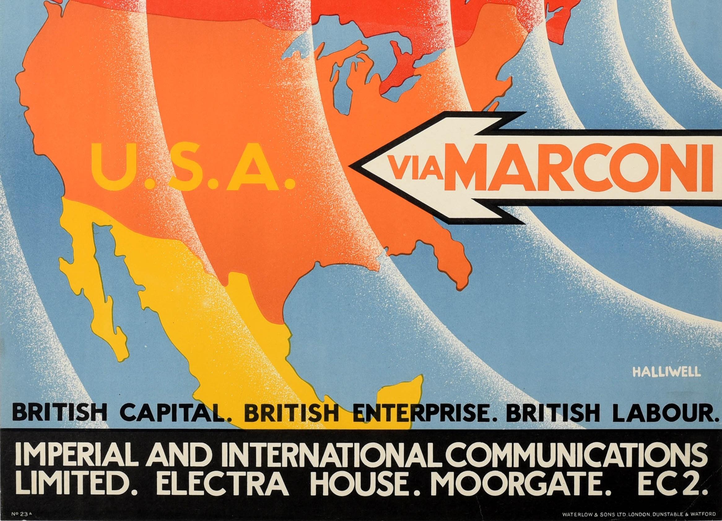 Original Vintage Poster Telegraph British Marconi Radio Modernism Map Design In Good Condition For Sale In London, GB