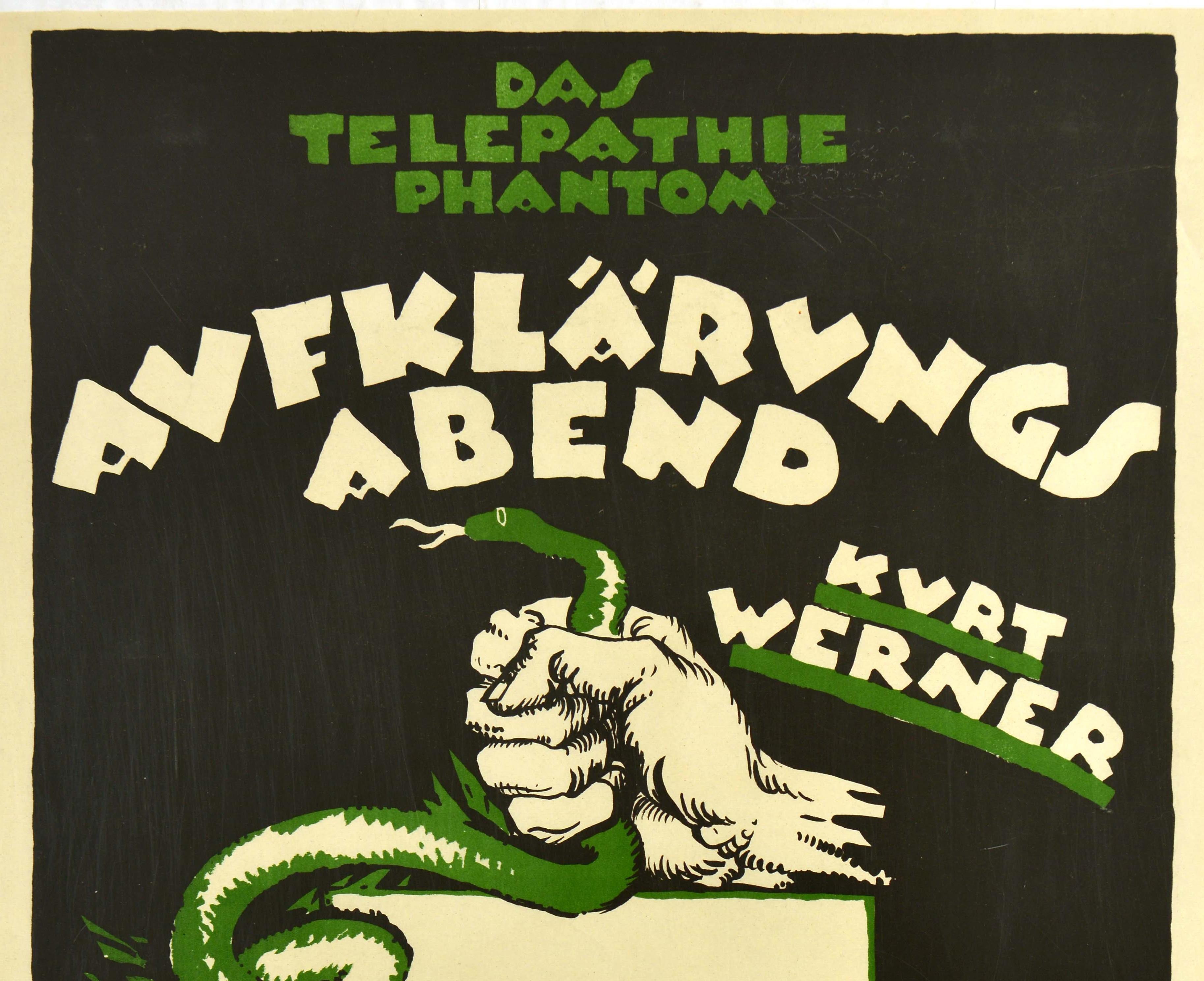 Original vintage poster - Das Telepathie Phantom / The Telepathic Phantom educational evening Kurt Werner for truth and clarity against nonsense and lack of understanding - featuring a dramatic Art Deco design against a black background of a fist