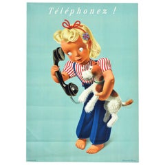 Vintage-Poster Telephonez, Telephonez Schweizer Telegrafisches Telefon Mädchen und Hund Werbung Kunst