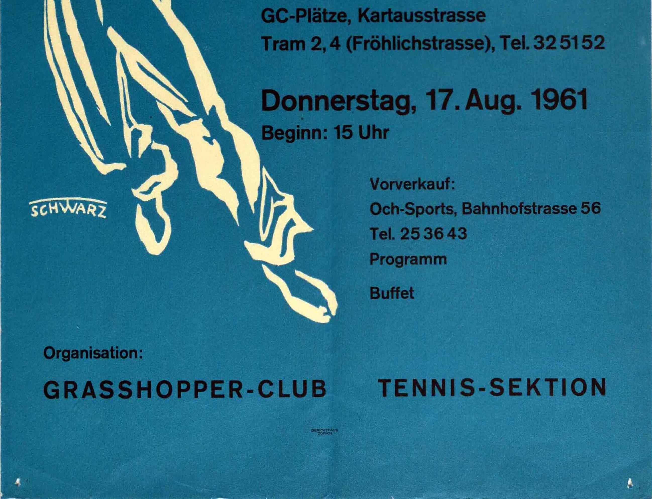 Swiss Original Vintage Poster Tennis Exhibition World Cup Pros Grasshopper Club Zurich