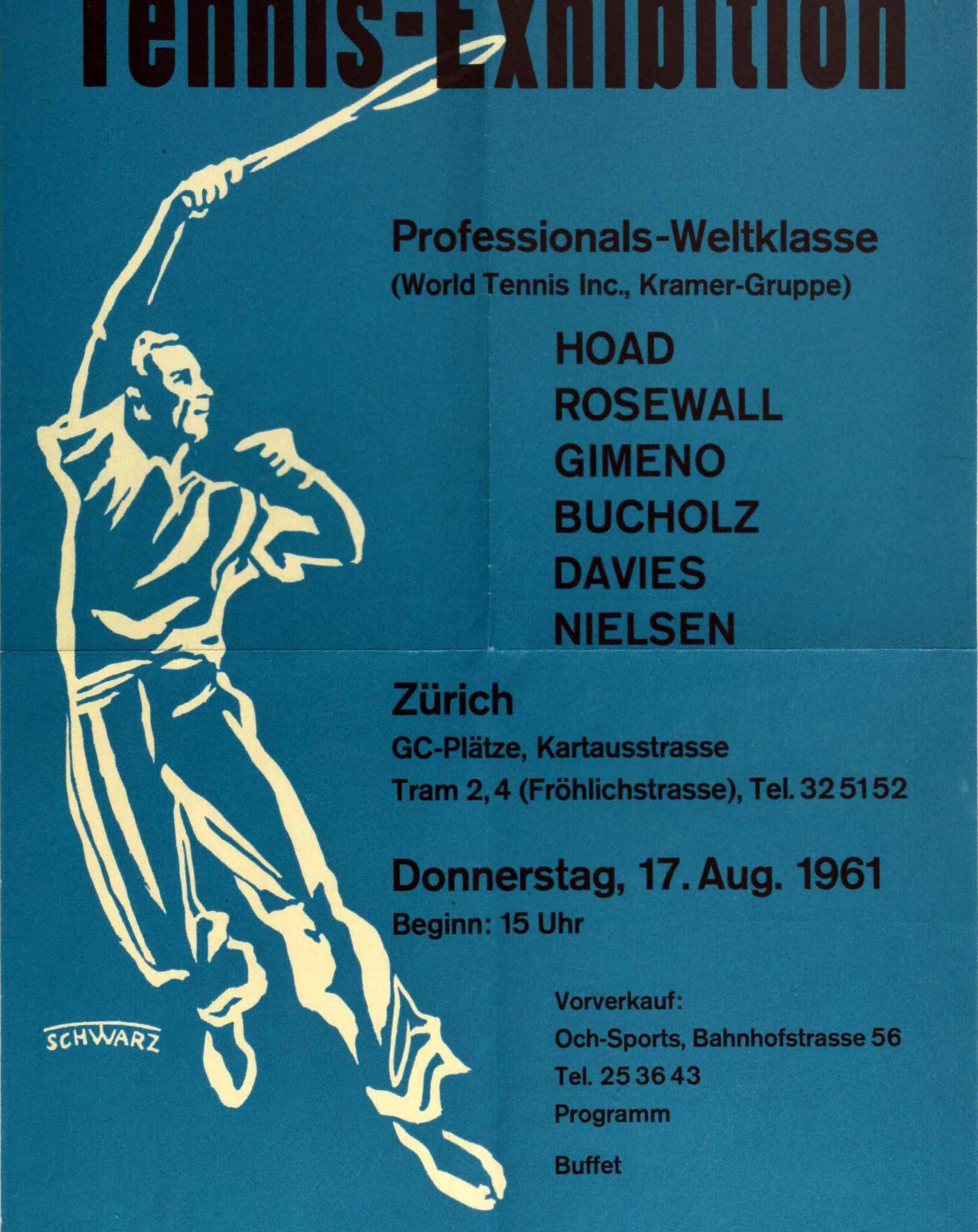 Original Vintage Poster Tennis Exhibition World Cup Pros Grasshopper Club Zurich In Good Condition In London, GB