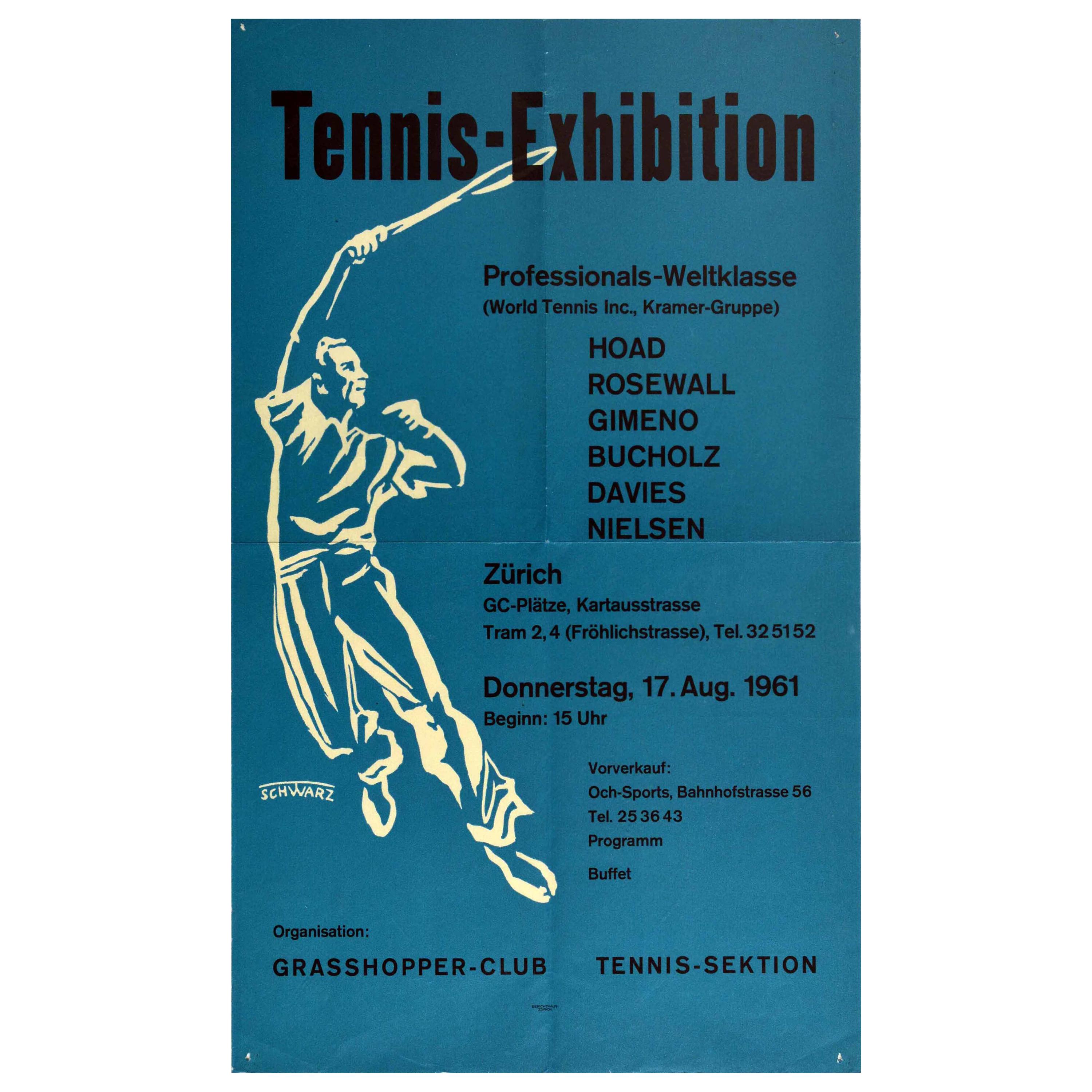 Original Vintage Poster Tennis Exhibition World Cup Pros Grasshopper Club Zurich