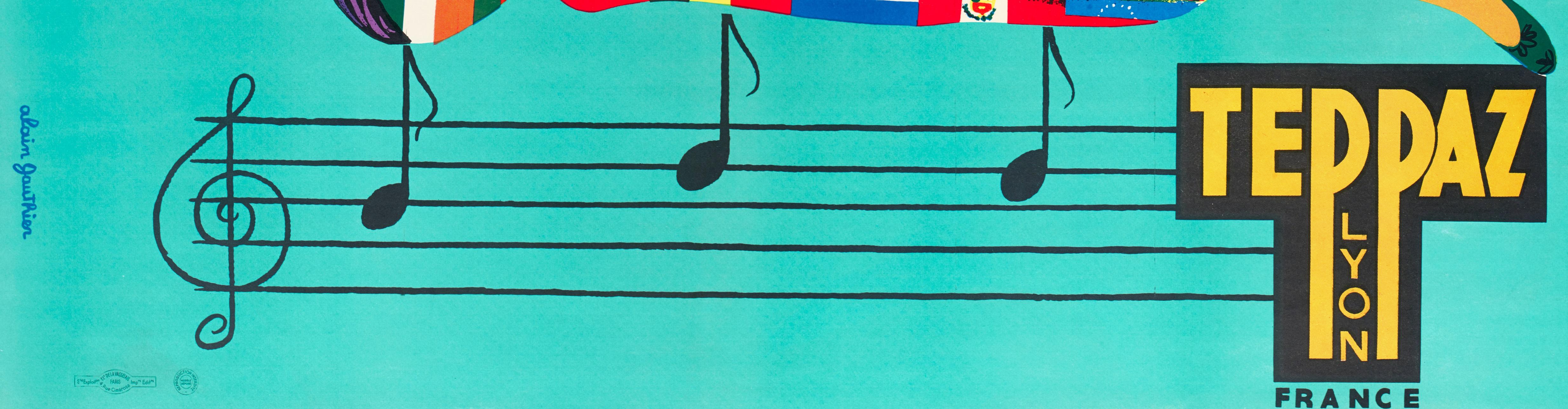 Póster Vintage Original, Tocadiscos Teppaz, Partición de Música, Bandera del Mundo 1960 Francés