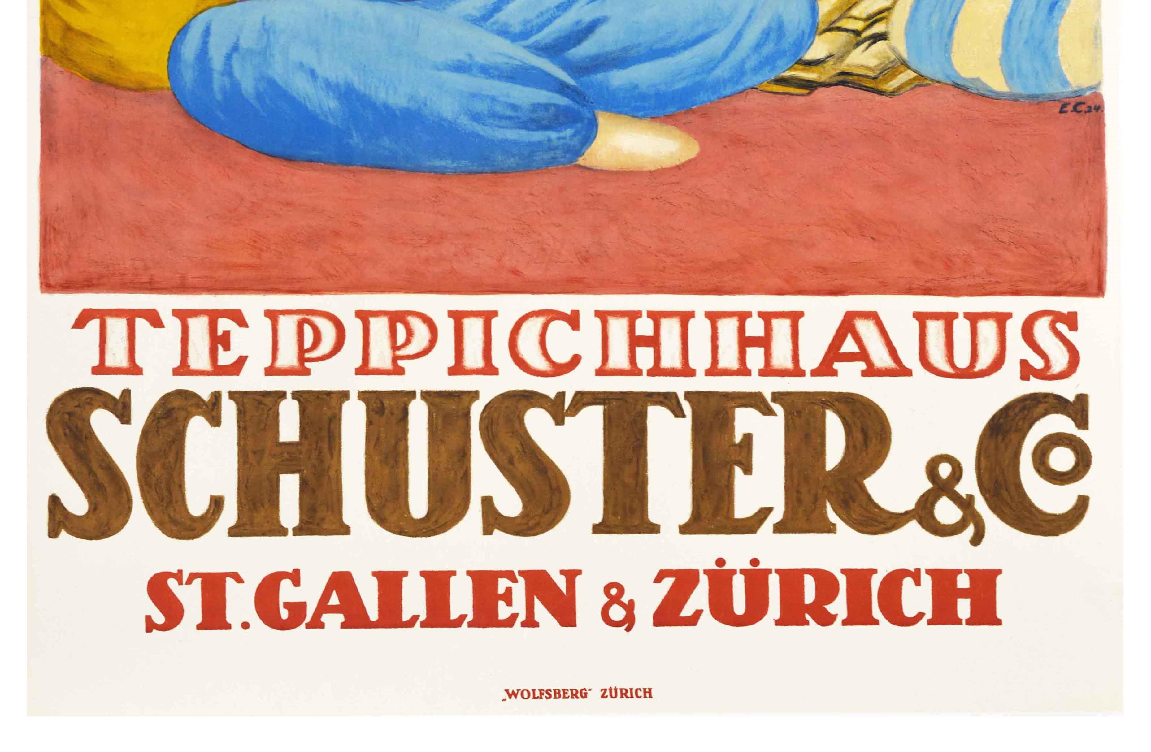 Suisse Affiche vintage originale Teppichhaus Schuster St Gallen & Zurich Tapis d'Orient en vente