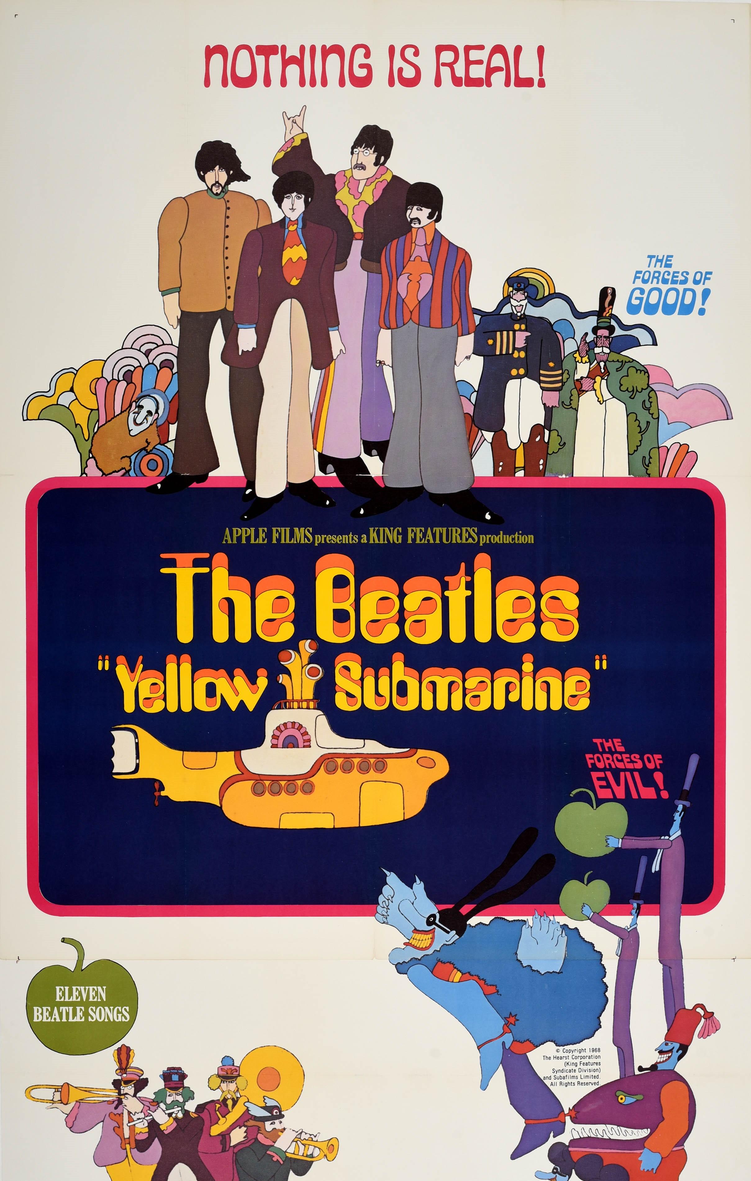Original vintage movie poster for the 1968 animated musical film Yellow Submarine starring the Sgt. Pepper's Lonely Hearts Club Band based on a song by John Lennon and Paul McCartney depicting an image of the iconic yellow submarine with psychedelic