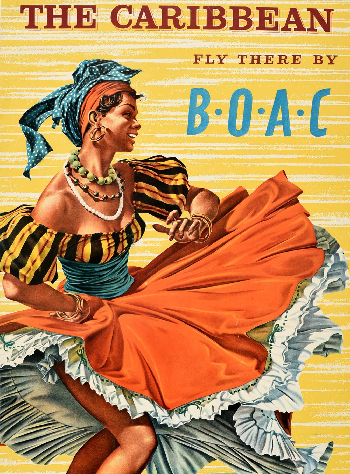 British Original Vintage Poster The Caribbean Fly There By BOAC Airline Travel Dancer