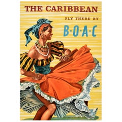 Original Retro Poster The Caribbean Fly There By BOAC Airline Travel Dancer