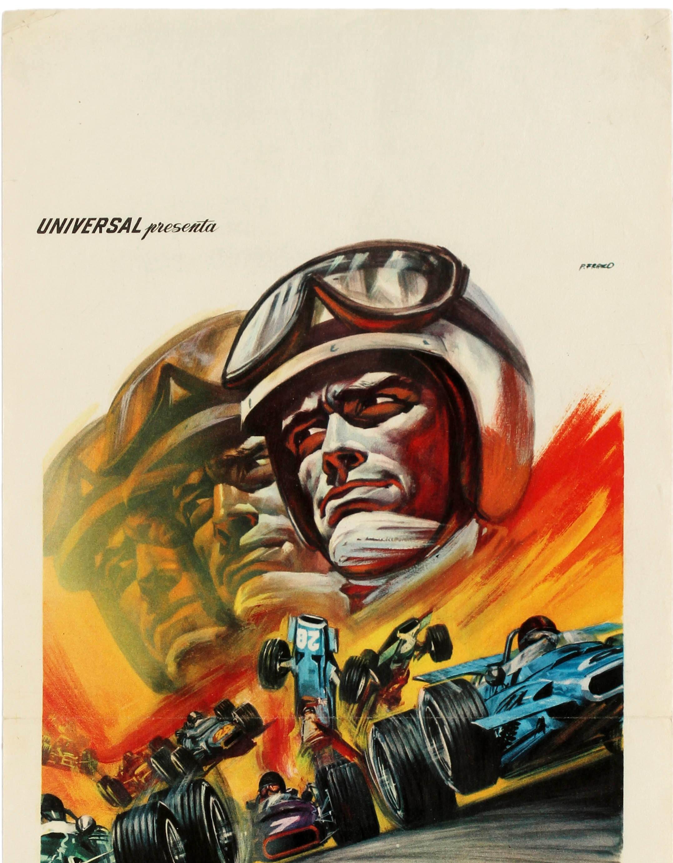 Original vintage movie poster for the Italian release of the sport drama film “The Challengers” directed by Leslie H. Martinson and starring Darren McGavin, Sean Garrison and Nico Minardos. Dynamic and colorful design featuring Formula One cars