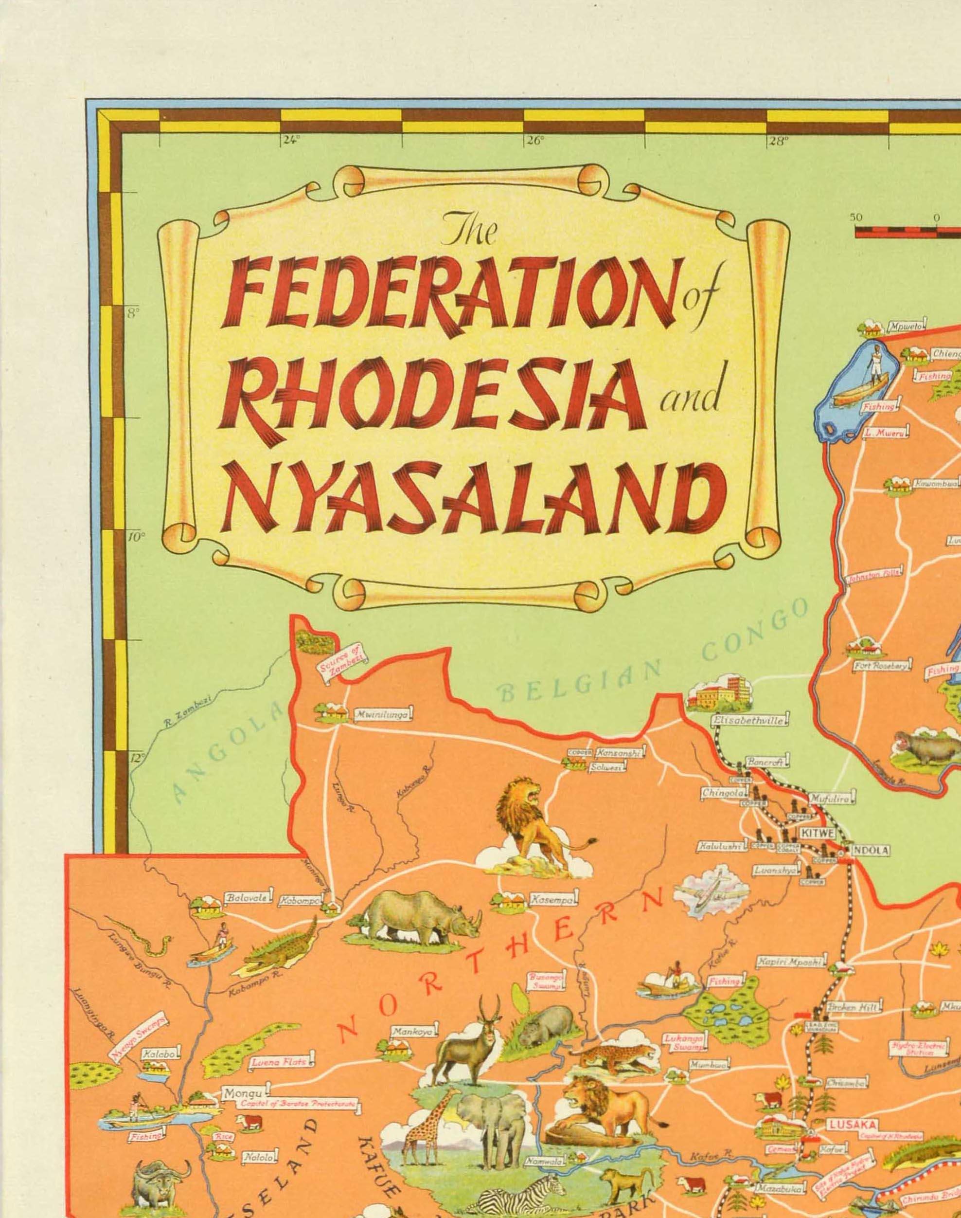 Original vintage poster - The Federation of Rhodesia and Nyasaland - featuring a pictorial map of the region depicting the tribes and wild animals, cattle, industrial manufacturing, forestry, tea, cotton, maize and tobacco plantations, mining,
