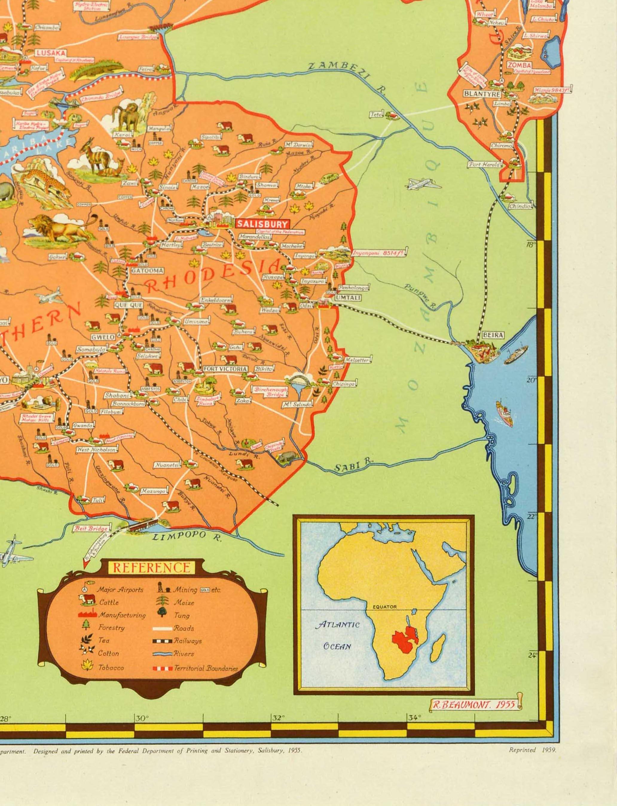 Mid-20th Century Original Vintage Poster The Federation Of Rhodesia And Nyasaland Africa Map