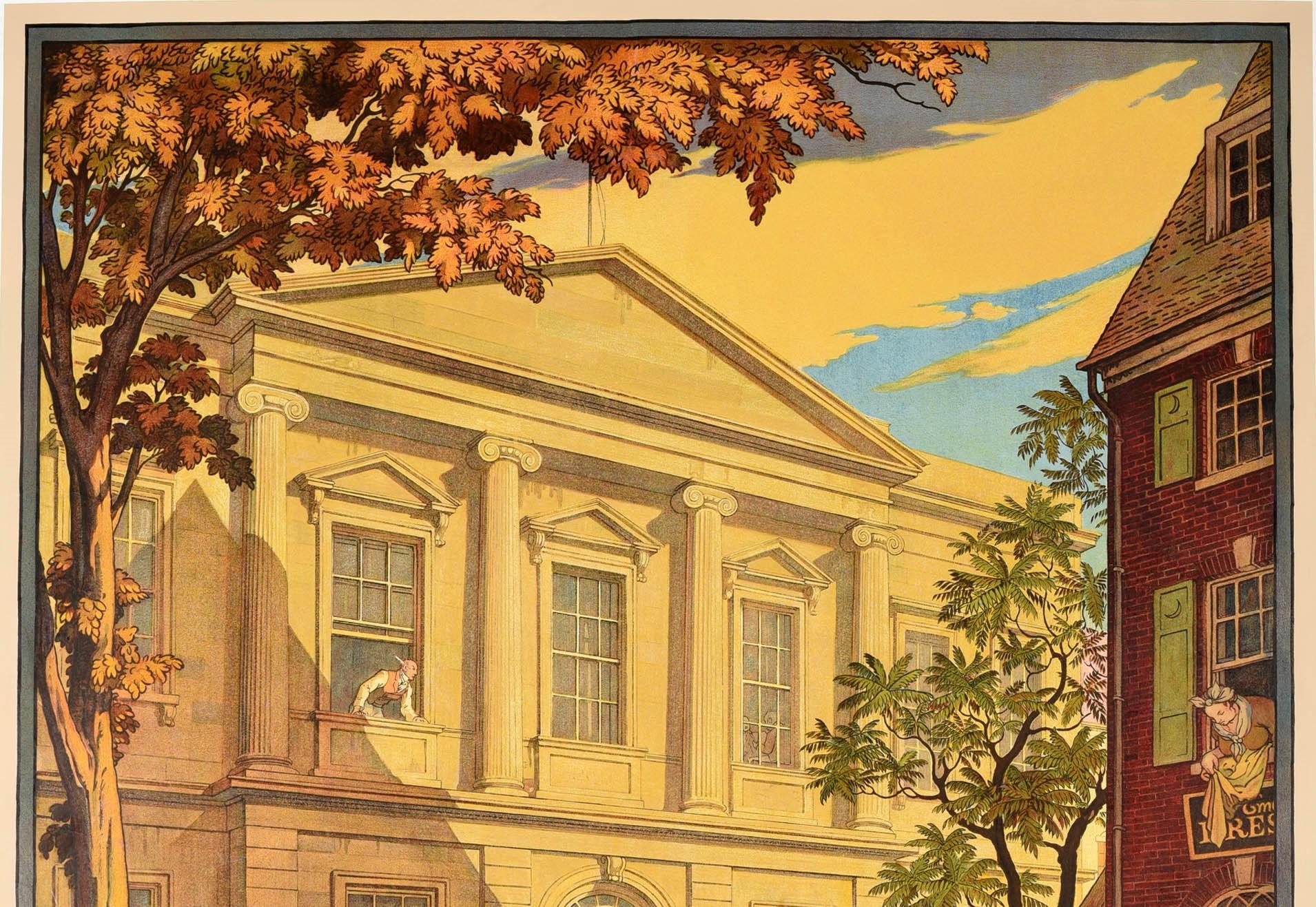 Original vintage advertising poster for The Metropolitan Museum of Art American Wing featuring a great illustration by Thomas Maitland Cleland (1880-1964) of a sunny day outside the grand frontage of the American Wing with people in period clothing,