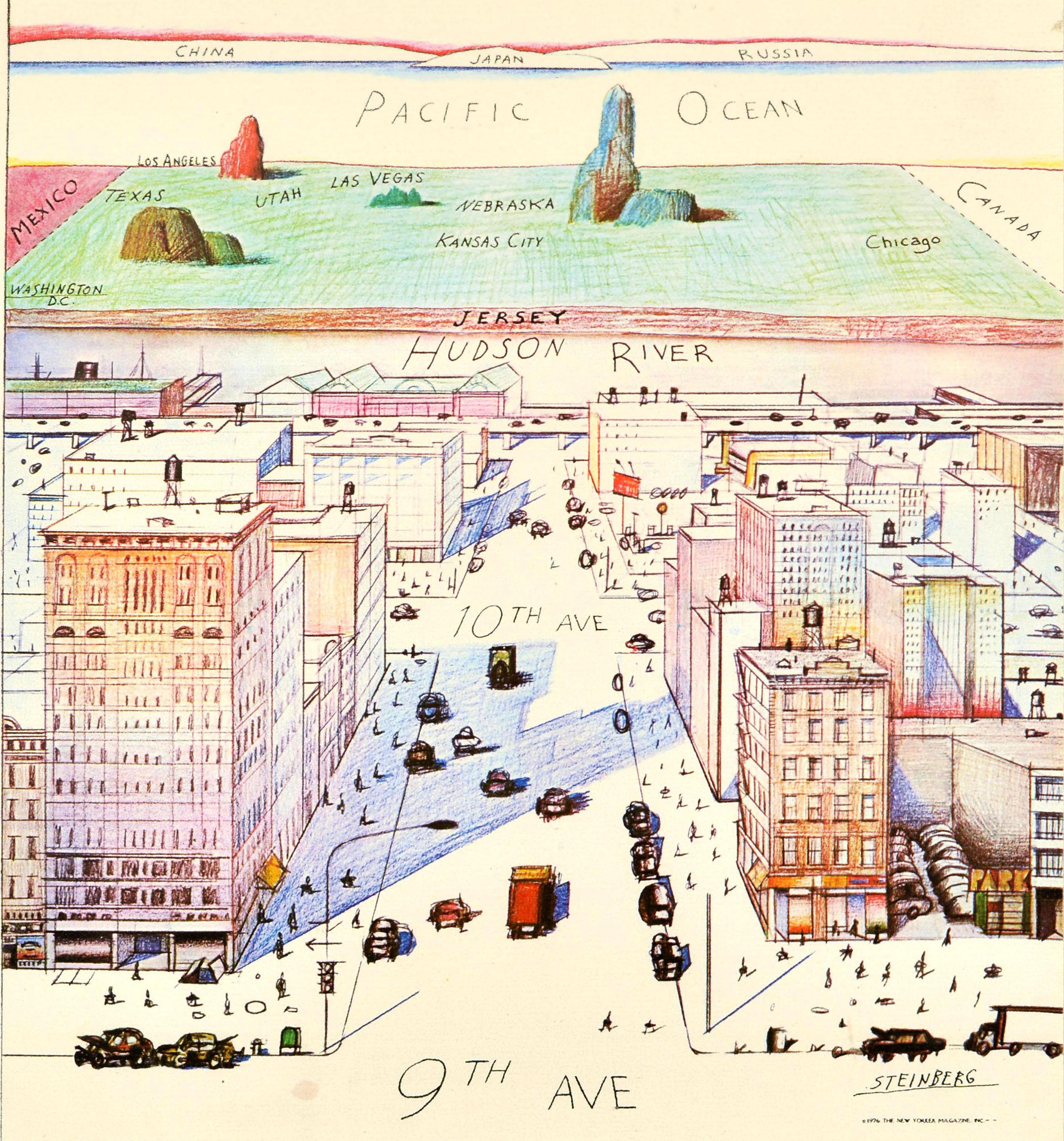 Poster originale d'epoca - The New Yorker - con l'iconica copertina della rivista View of the World from 9th Avenue del noto artista americano Saul Steinberg (Saul Erik Steinberg; 1914-1999) con una divertente illustrazione architettonica di