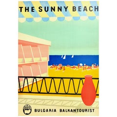 Affiche vintage originale The Sunny Beach, Bulgarie, Voyage, Voilier, Station balnéaire de la Mer Noire