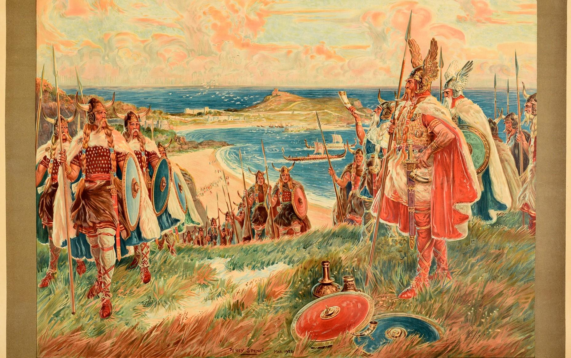 Original vintage Great Western Railway travel poster for the Cornish Riviera The Vikings landing on St Ives Beach featuring an historical scene by Percy Spence (1868-1933) depicting Vikings in battle uniform with capes and horned helmets marching up