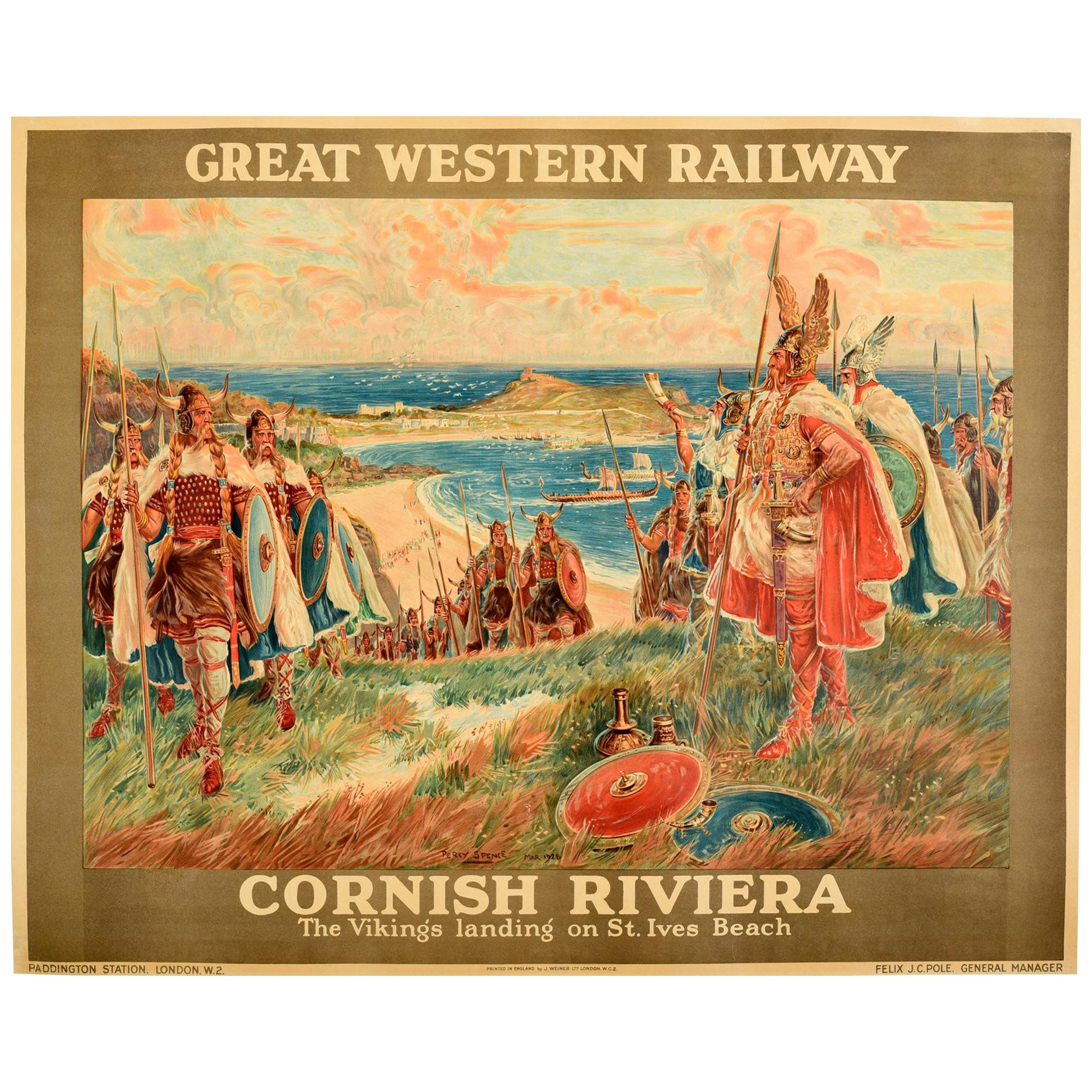 Original Vintage Poster The Vikings Landing On St Ives Beach Cornwall GWRailway For Sale