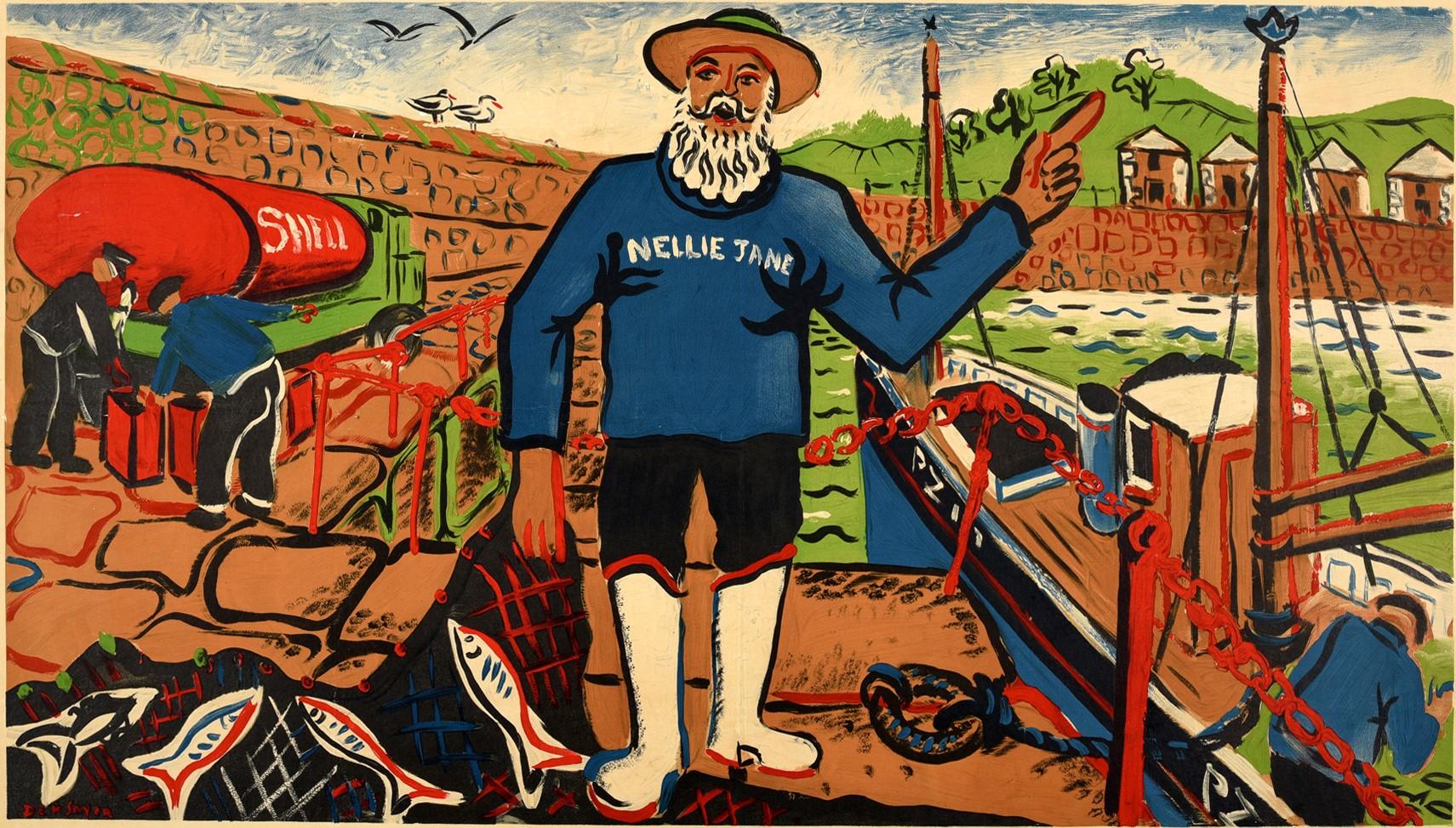 Original vintage advertising poster - These Men Use Shell You Can Be Sure of Shell - featuring colourful artwork by Derek Sayer (1917-1992) of a bearded fisherman wearing a jumper with the name of his boat on it Nellie Jane and holding a fishing net