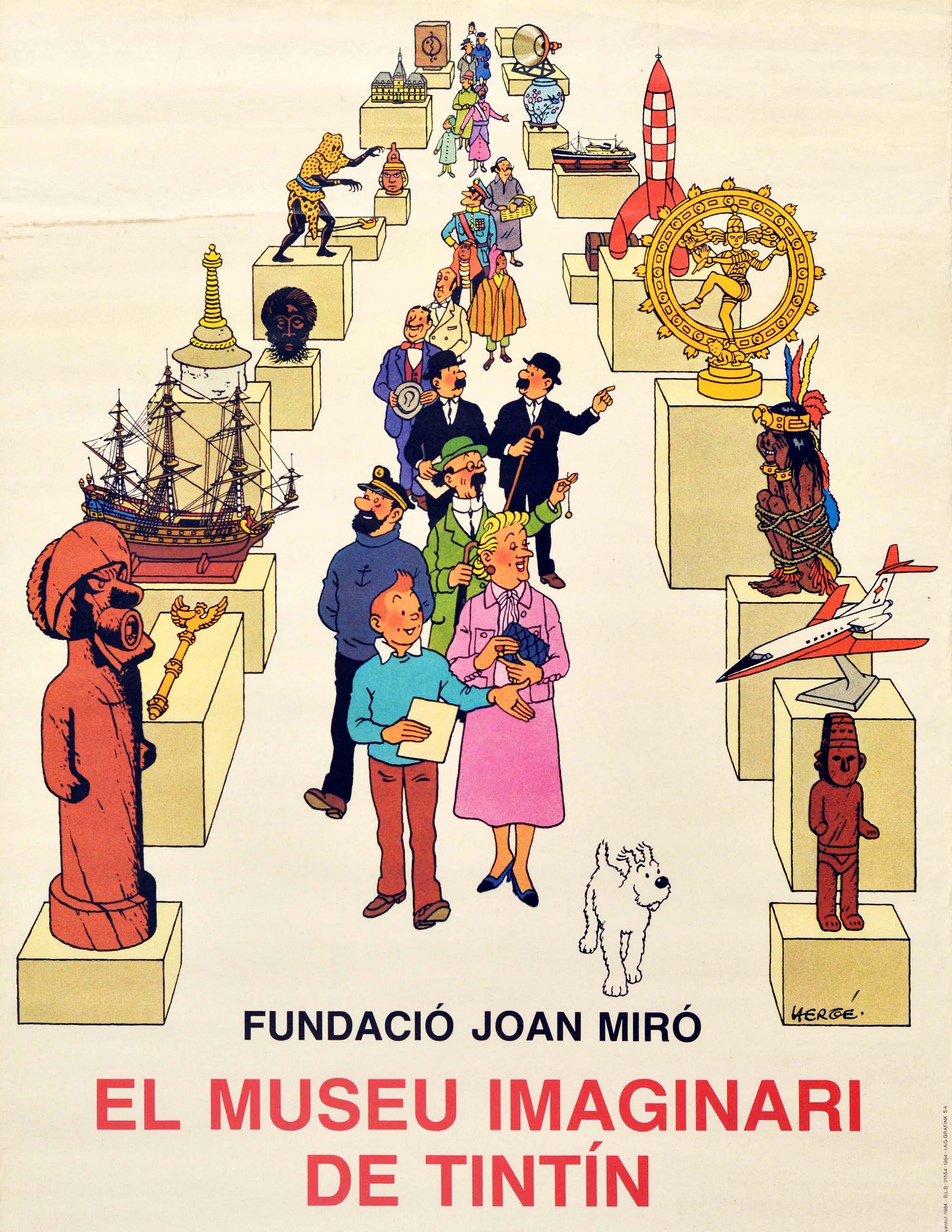 Original vintage poster for an exhibition held from 27 September to 25 November 1984 presented by the Joan Miro Foundation - The Imaginary Museum Of Tintin - featuring a great design depicting characters from the popular Belgian graphic novel by the