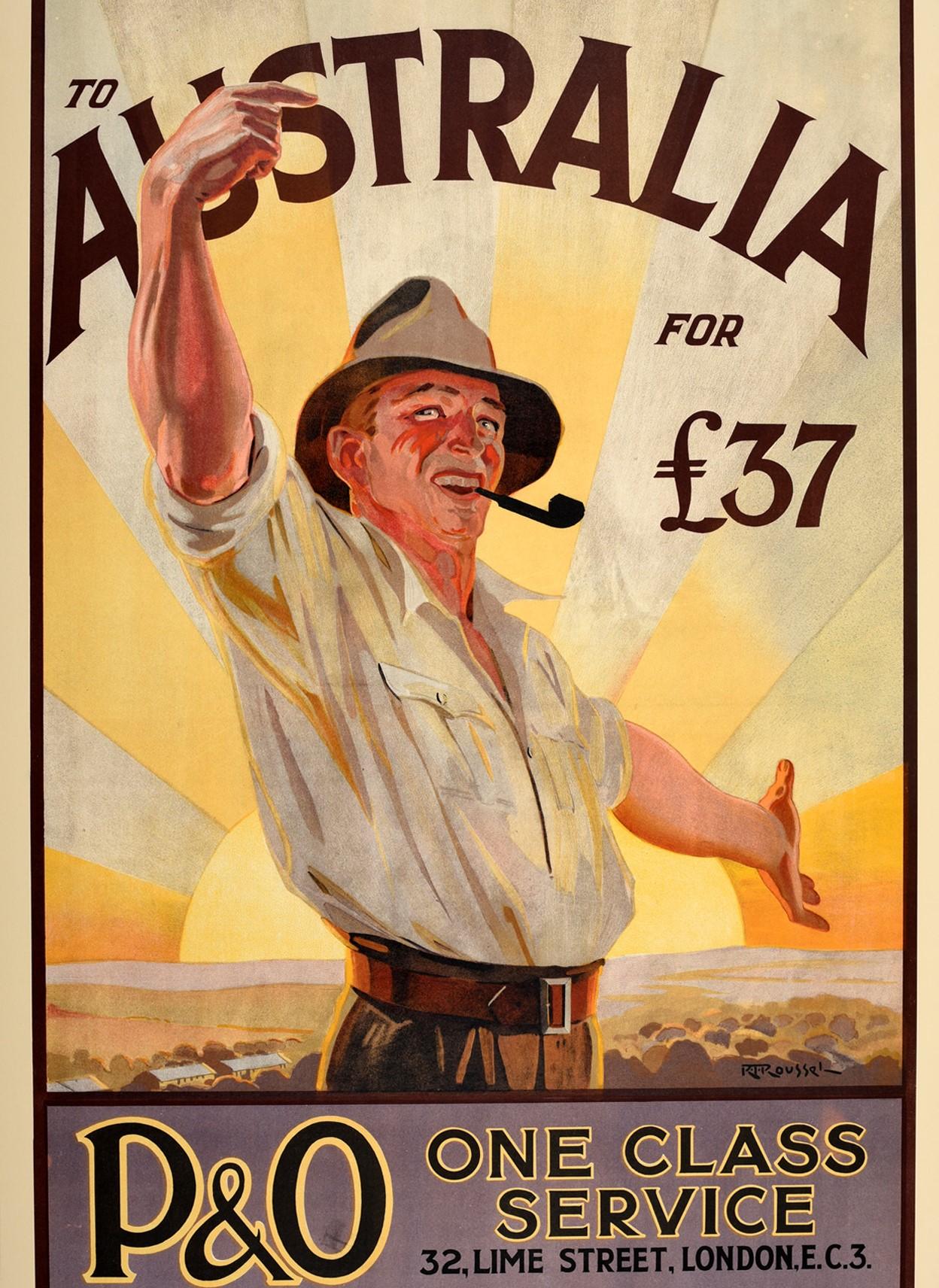 Original Vintage-Poster „To Australia“, P&O Cruise, Reise, Kunst, Landleben, willkommen im Zustand „Gut“ im Angebot in London, GB