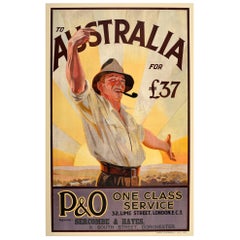 Original Vintage Poster To Australia P&O Cruise Travel Art Countryside Welcome