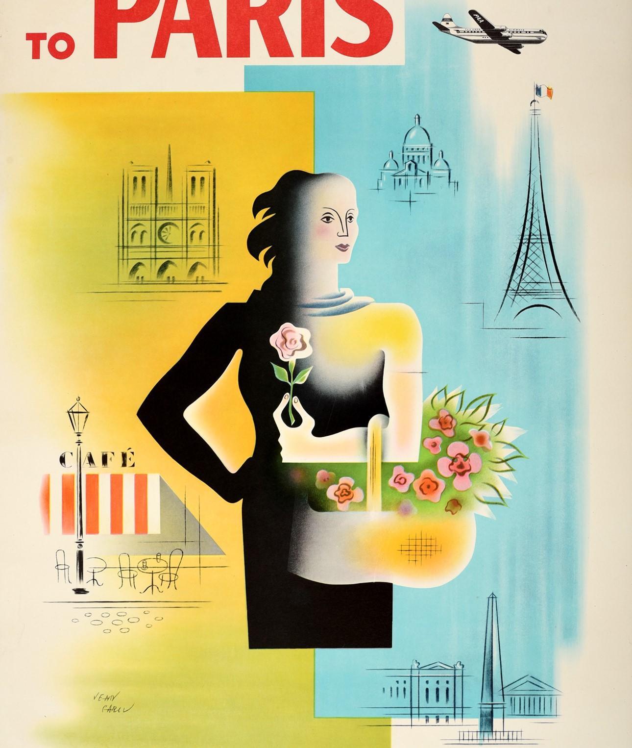 Mid-20th Century Original Vintage Poster To Paris Pan American Air Travel Eiffel Tower Notre Dame