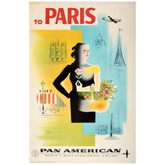 Affiche vintage originale « To Paris:: Pan American Air Travel » avec Tour Eiffel:: Notre Dame