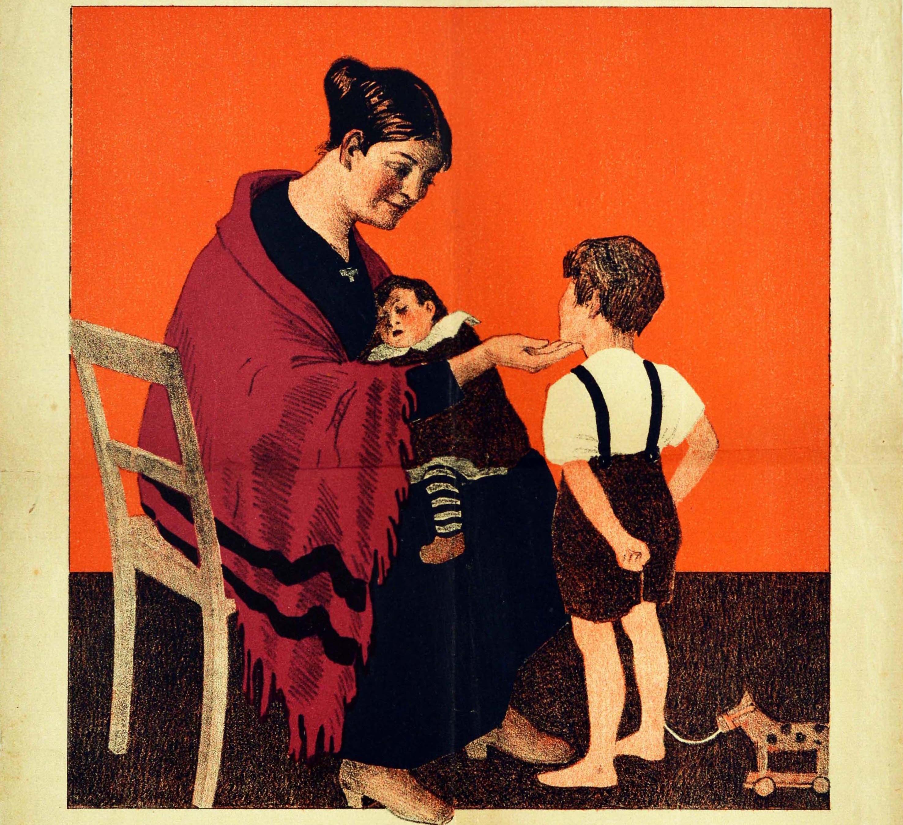 Original vintage propaganda poster - To Protect the Children of Finland! - issued by the Mannerheim League for Child Welfare featuring a lady wearing a pink shawl with a sleeping baby on her lap, smiling at a small boy in short dungarees, holding a