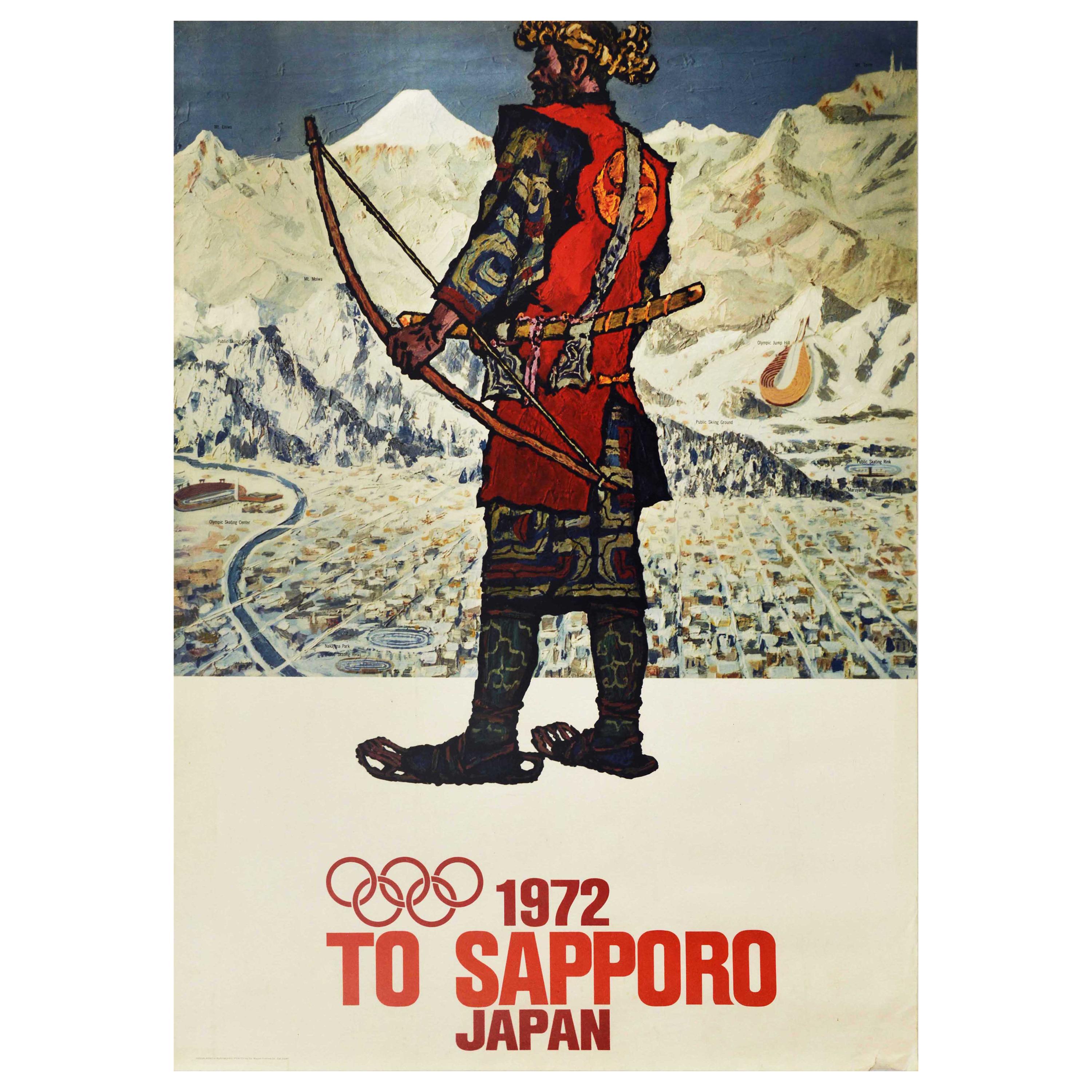 Original Vintage Poster To Sapporo Japan 1972 Winter Olympic Games Warrior Art