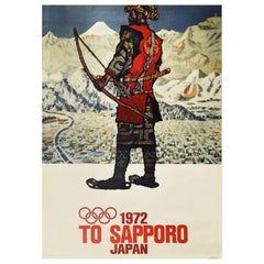 Original Vintage Poster To Sapporo Japan 1972 Winter Olympic Games Warrior Art