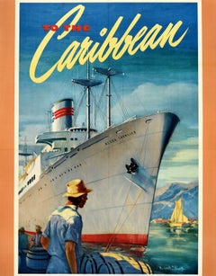 Original Vintage Poster To The Caribbean Alcoa Steamship Co. Victory Ship Cruise